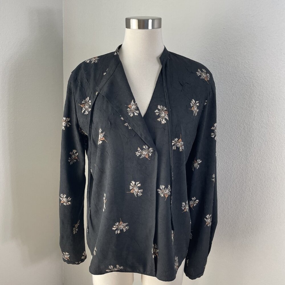 Vince Blouse Womens Medium Black Floral Crinkle Long Sleeve Tie Neck Top‎